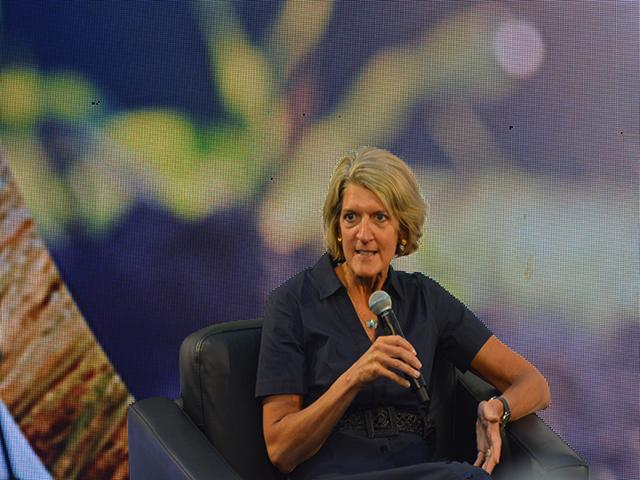 Beth Ford, president and CEO of Land O&#039;Lakes, speaking at a conference in 2023. In an op-ed this week, Ford said there is a storm brewing in agriculture due to a combination of low commodity prices, declining farm income and also aging demographics. Ford called on policies to help stabilize the farm economy. (DTN file photo by Chirs Clayton) 