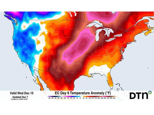 The European model is predicting temperatures in the middle of the country well-above normal in the middle of next week. (DTN graphic)