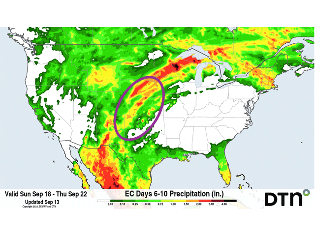 Models suggest that a cold front may stall out in the southwestern Plains, which would bring beneficial rainfall to hard-red winter wheat areas in the southwestern Plains. This image is just one run of the European model. Other runs show different locations and amounts from the front. (DTN graphic)