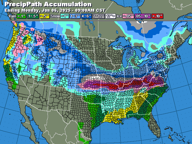 Heavy snow and freezing rain are forecast across the midsection of the country through Jan. 6. (DTN graphic)