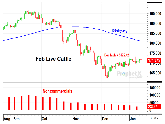 February live cattle prices continue to recover from the Dec. 7 low of $162.40, but the recovery has been slow and specs are losing patience. Winter storms disrupted slaughter in the week ending Jan. 12 and bitter cold conditions are stressing livestock. (DTN ProphetX chart)