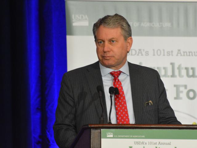 Gregg Doud, president and CEO of the National Milk Producers Federation, talks about trade at the USDA Agricultural Outlook Forum. Doud said U.S. tariff policies could help leverage new export markets where negotiations have failed in the past. (DTN photo by Chris Clayton)