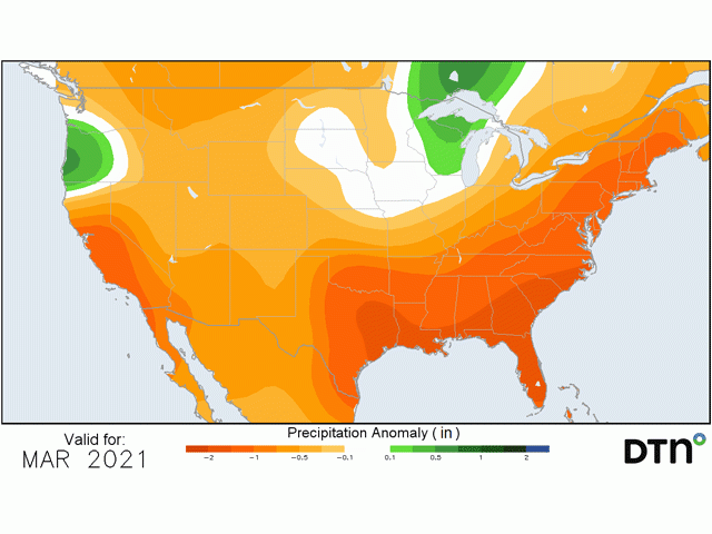 March rainfall shows a hint of above-normal totals only in the northern Midwest. (DTN graphic)