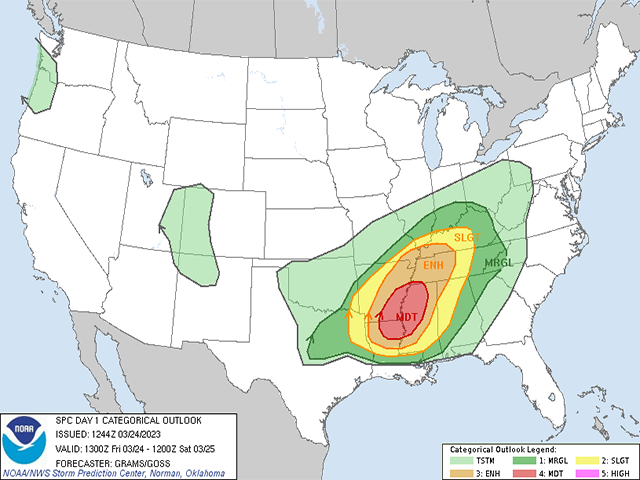 The Storm Prediction Center is focused on the Lower Mississippi Valley for a moderate risk of severe storms later today. (SPC graphic)