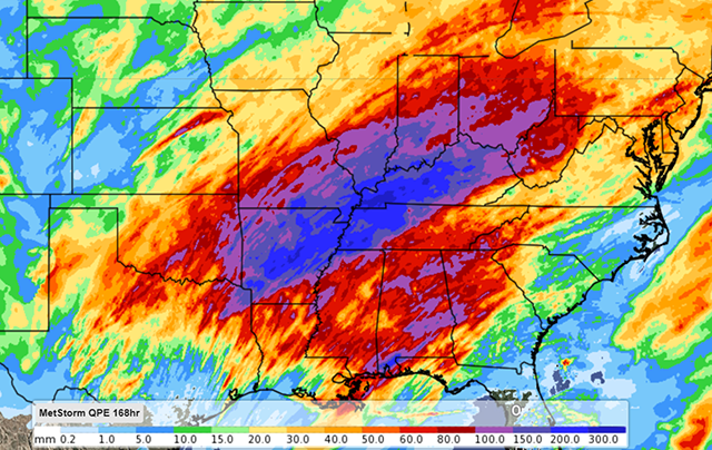 Total rainfall over the last seven days shows intensely heavy amounts for large portions of the Mid-South and southern Midwest. Areas in yellow are generally over one inch, red over two inches, purple over four inches, and blue over eight inches. (DTN graphic) 