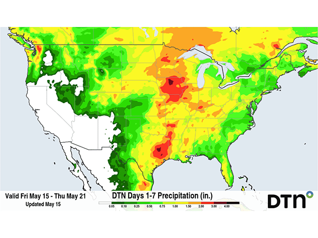 Widespread areas of heavy rain and thunderstorms are forecast for the middle of the U.S. this weekend into a good portion of next week. (DTN graphic)