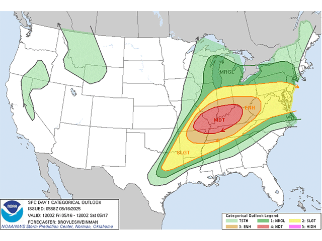 A moderate risk of severe weather is expected to form across the Ohio and Tennessee valleys on Friday, May 16. (SPC graphic)