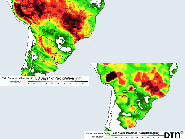 The difference in the forecast (left) and actual (right) precipitation over South America during the last week generally shows lower amounts have fallen than the forecast has suggested. This has been a recurring issue during the last few weeks. (DTN graphics)