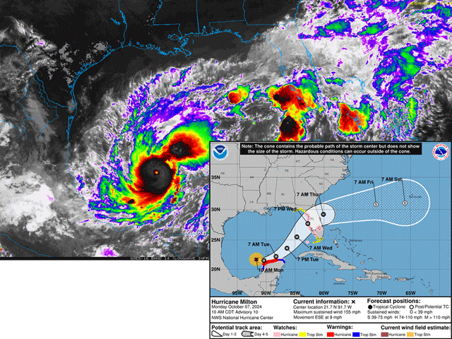 A satellite image over the Gulf of Mexico shows the intensity and eye structure of Hurricane Milton which reached Category 5 strength Monday morning. The storm track has it moving into Florida as a Category 3 hurricane Wednesday evening. (Satellite image from College of DuPage, hurricane track graphic from the National Hurricane Center)