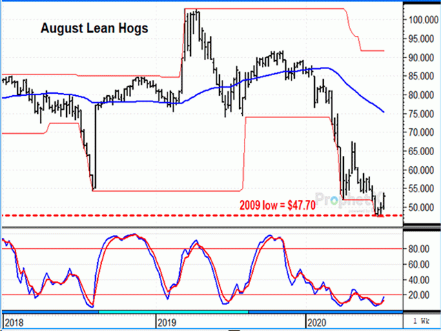The weekly chart above shows August hogs broke the April low, but support from the 2009 low of $47.70 held. This week&#039;s higher close turned the weekly stochastic up, a bullish change of momentum that has been long-awaited (DTN ProphetX chart).