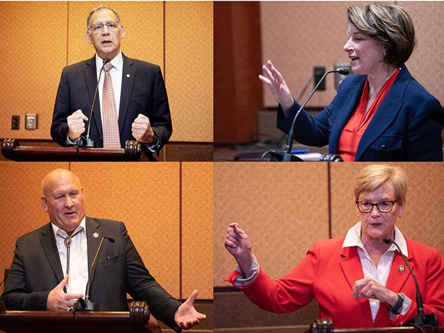 Four key lawmakers on the House and Senate Agriculture committees met Tuesday with agricultural journalists. Rep. Glenn "GT" Thompson of Pennsylvania, lower left, explained plans to include farm bill safety net plans in the budget reconciliation plan. Also in the photo on the top row, Sens. John Boozman of Arkansas and Amy Klobuchar of Minnesota. At the lower right is Rep. Chellie Pingree of Maine. (DTN photos by Joel Reichenberger)