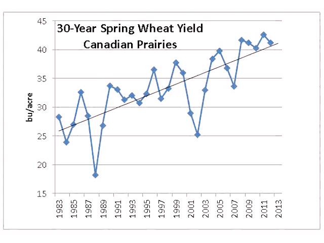 This chart plots actual spring wheat yields for 1983 to 2012, as well as the trend for spring wheat yields over this 30-year time frame on the Canadian Prairies. Extending this trend into 2013 would result in an average spring wheat yield of 41.1 bushels/acre. (DTN graphic by Scott R Kemper)