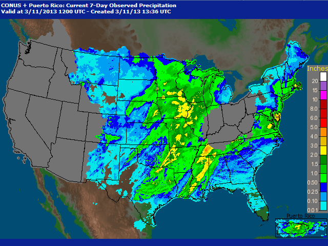 Precipitation since the first of March has shown up only in portions of the western Midwest and the Plains. (Map courtesy National Weather Service)