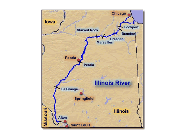 This map shows the location of Marseilles, Ill., and the cities below located on the lower Illinois River. (Graphic courtesy of UMESC.USGS.gov)