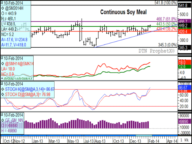 March soymeal futures reached a new contract high this session, with Tuesday&#039;s high moving above the December high and falling just 10 cents per ton short of testing the September 2013 high as seen on the continuous chart. Old-crop spreads continue to grow more bullish, as seen on the second study, while the lower study indicates growing investor bullishness. Momentum indicators on the third study reflect a move into the over-bought region of the chart. (DTN graphic by Nick Scalise)