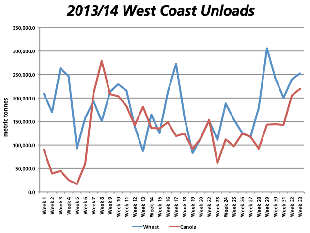 Week 33 Canadian Grain Commission Data indicates that 516,400 metric tonnes was unloaded at West Coast terminals, with over 90% being wheat and canola unloads. The trend in volumes for each grain unloaded remains higher as the railways push to move 1 million metric tonnes weekly. (DTN graphic by Nick Scalise)