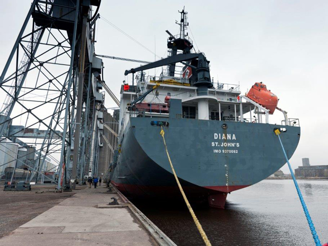 The first saltie of the season, Diana, docked at a CHS elevator in Superior, Wis., ready to load grain. (Photo courtesy Robert Welton)