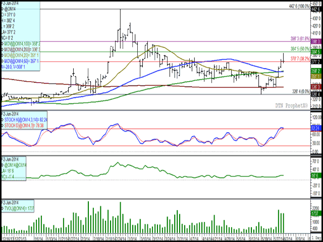 July oats have bucked the trend seen in other grains by rallying 48 cents since May 19 to Monday&#039;s intra-day high of $3.82 1/2 per bushel. Monday&#039;s trading bar shows a failed rally this session with technical signs pointing to the possibility of lower prices ahead. (DTN chart)