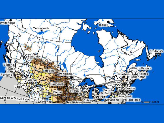 Statistics Canada&#039;s Normalized Difference Vegetation Index for the week of May 26 to June 1 shows southwestern Saskatchewan vegetation at levels similar to normal (yellow), with southern Alberta and Saskatchewan lower than normal (tan) while the dark brown shading represents much lower than normal vegetation. (DTN graphic by Nick Scalise)