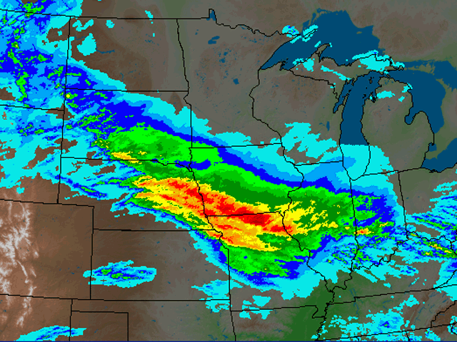 Severe storms cut a damaging swath in much of the western Corn Belt, from central Nebraska through southern Iowa, northern Missouri and into western Illinois.  