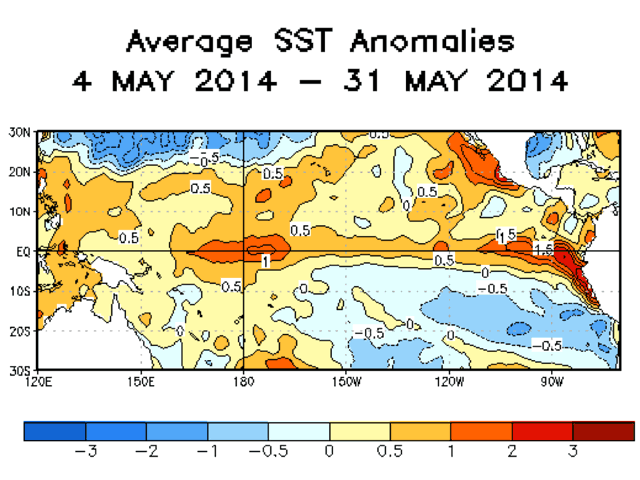 Eastern Pacific Ocean temperatures are above normal, notably near South America. Ocean warming in this area is a key identifier for El Nino. (Courtesy graphic) 
