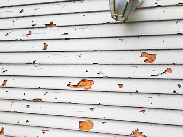 Chunks of siding are missing on the west and north side of the Quinn home near Herman, Neb., after a hailstorm hit. (Photo by Tracie Quinn)