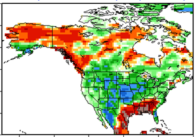Total August rainfall of one to two inches above normal is indicated for all but the southern tier of states in the U.S. crop belt. (NOAA graphic)