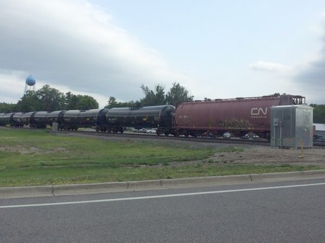 An oil train in northern Minnesota with one buffer car at the end. (DTN photo by Mary Kennedy)