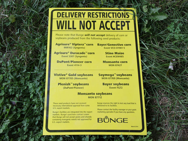 Posters detailing traits not currently being accepted can be found at elevators this fall, particularly those along the river system where grain heads to export. (DTN photo by Pamela Smith) 