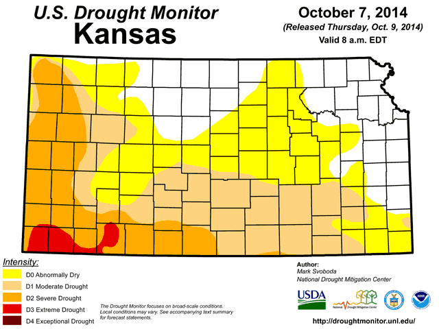 Latest Drought Monitor assessments for Kansas show portions of the north and northeast now drought-free, and only the far southwest counties in "Extreme Drought" thanks to generous rain -- one trademark of El Nino. (Graphic courtesy of U.S. Drought Monitor)