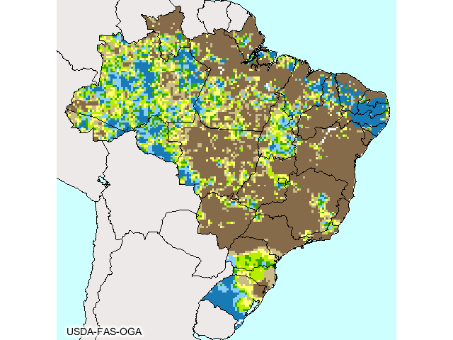 A look at Brazil percent of normal rain since October 1 shows very little activity in central and southeastern crop areas, whereas the far south has had far above normal amounts. (Graphic illustration by Nick Scalise)