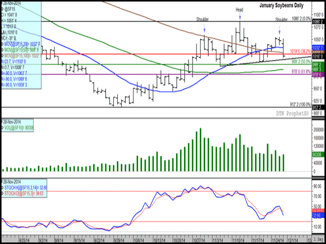 The January soybean chart may be signaling a head-and-shoulders reversal pattern which began late October on the daily chart. The pattern could be confirmed with the breaking of the neckline at $10.09 and has measuring implications. The lower study shows momentum indicators continuing to trend lower. (DTN graphic by Nick Scalise)