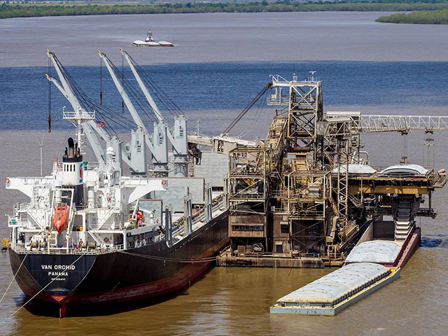 The Myrtle Grove Midstream Terminal Floating Elevator operated by Associated Terminals on the Mississippi transferring corn between barges and ocean vessels bound for foreign markets. (Photo courtesy of Russell Marine Group, New Orleans, Louisiana.) 