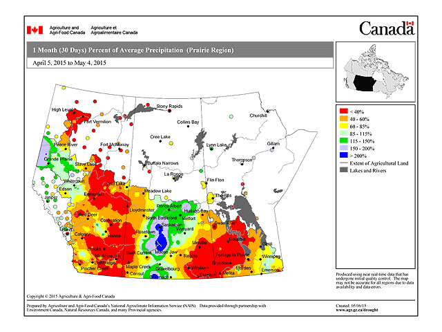There has been variability of precipitation versus normal during the past 30 days across the Prairies. (Graphic courtesy of Agriculture and Agri-Food Canada)