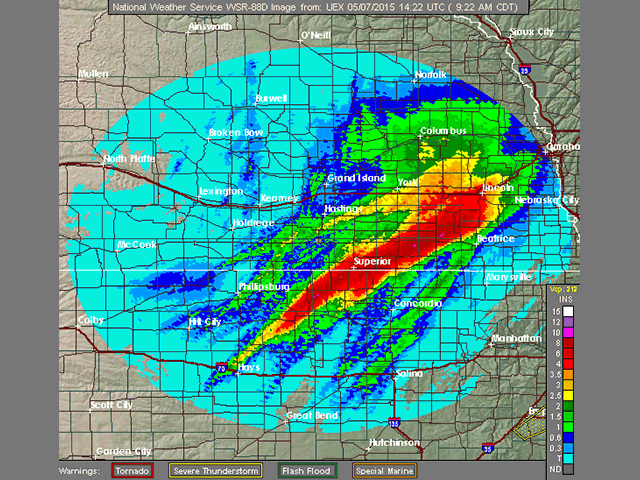 "Flooding rains in southern Nebraska and northern Kansas illustrate extreme precipitation in central U.S. storms the week of May 3-9." (NOAA graphic by Nick Scalise)  
