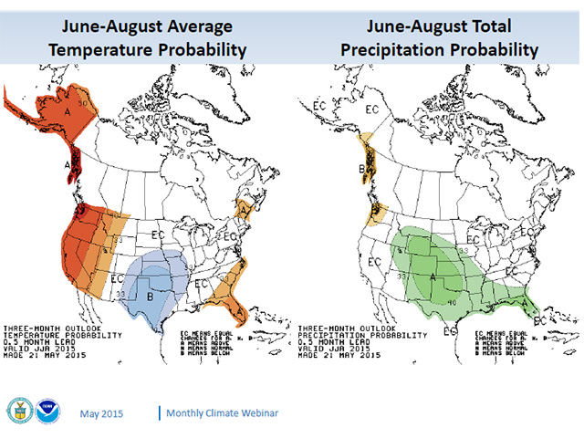 An absence of high temperatures and at least normal precipitation are featured in the NOAA summer forecast. (Graphic courtesy of NOAA)  