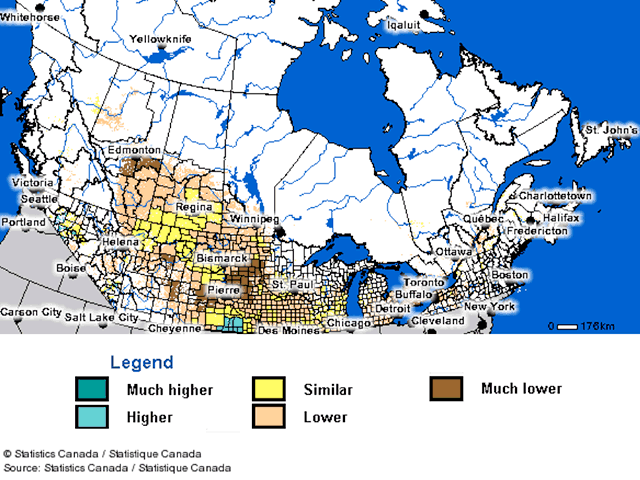 While seeding progress and emergence is well ahead of average across the Prairies, crop development as measured by Statistics Canada&#039;s satellite analysis suggests that vegetative growth remains largely behind normal. (DTN graphic by Nick Scalise)