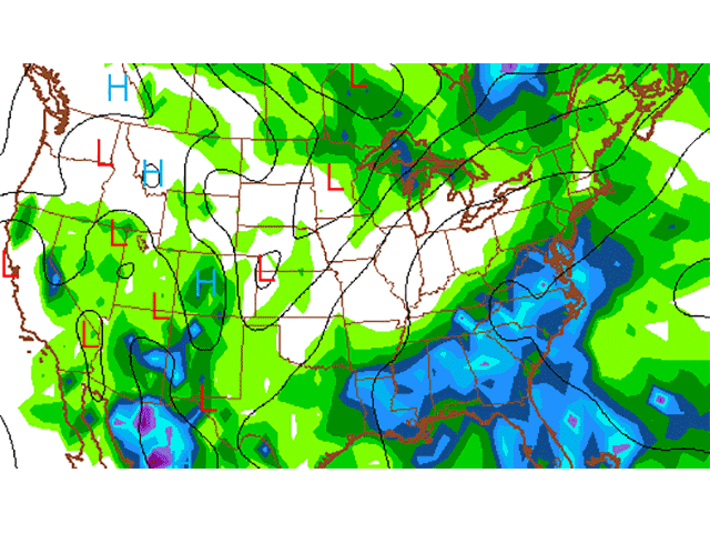 Total rainfall in the Midwest the week of July 7-10 has a drier trend, which would be welcome for crops. (NOAA Graphic)
