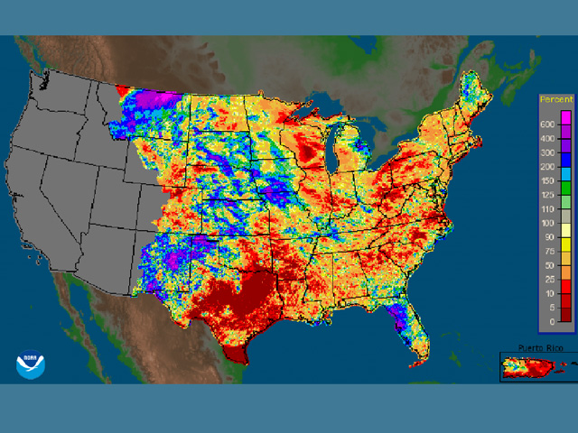Past 14-day rainfall totals show less than ten percent of normal across the eastern Corn Belt, along with much of Texas, the Delta and Deep South. (NOAA graphic)