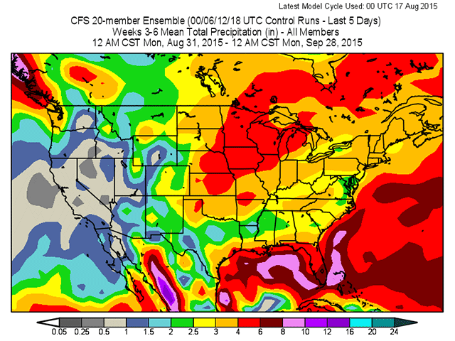 The U.S. forecast model&#039;s September rainfall depiction has more wet conditions with potential early harvest issues in the western Midwest. (NOAA graphic)