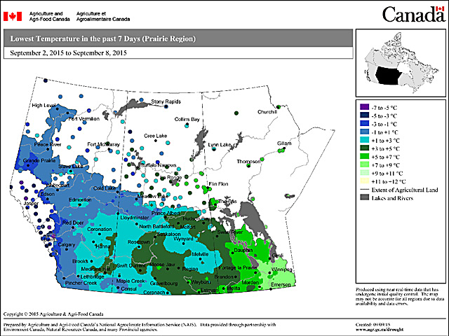 Map of the lowest temperatures in the Prairies from Sept. 2 to Sept. 8. (Graphic courtesy of Agriculture and Agri-Food Canada)
