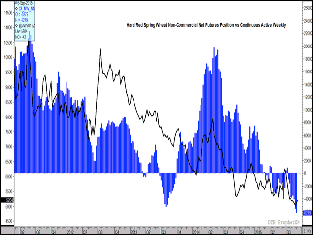 Investors are becoming increasingly bearish wheat futures, with this chart showing the trend in the noncommercial net futures position for hard red spring wheat, shown by the blue histogram bars. The black line represents the continuous active weekly close for HRS, as plotted against the left vertical axis. (DTN graphic by Nick Scalise)