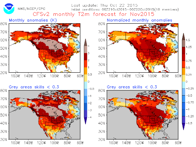 The forecast for November shows Canada is expected to have above-average temperatures. (Graphic courtesy of National Weather Service)