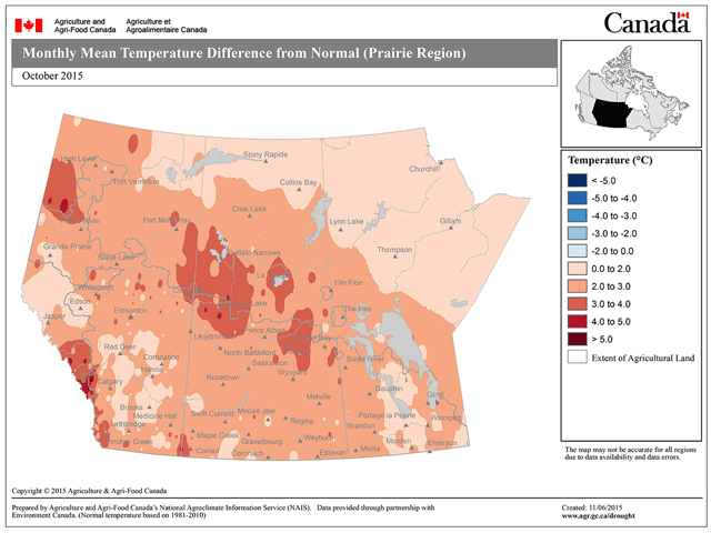 The monthly mean temperature difference from normal for the Canadian Prairies shows that October was a few degrees higher than usual. (Graphic from Agriculture and Agri-Food Canada)