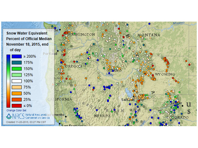 The current snow water equivalent percent of median map shows many areas with significantly above normal snowpack for this point in the season. (NRCS graphic by Nick Scalise)