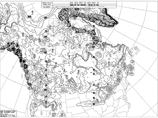 Environment Canada shows snow cover across Canada as of early Nov. 25, with the southern extent quite close to what is expected for late November. (Chart courtesy of Environment Canada)