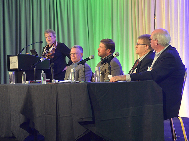 DTN&#039;s Marcia Taylor queries wise men (from left) Don Cantrell, Matt Huie, Ben Riensche and Chris Johnson.