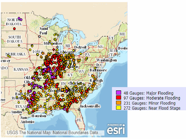 Heavy rains and melting snow from a massive winter storm this week are causing extensive flooding along the Mississippi River and its tributaries. (Graphic courtesy of the U.S. Geological Survey)