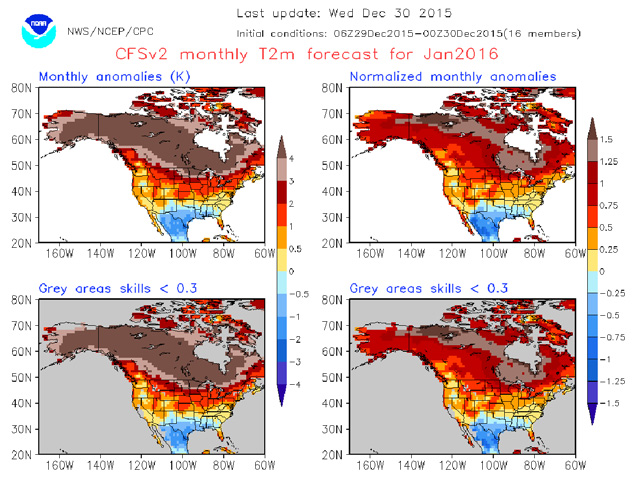 Today&#039;s forecast from the U.S. Climate Prediction Center shows mild weather forecast for the Prairies. (Graphic courtesy of U.S. Climate Prediction Center)