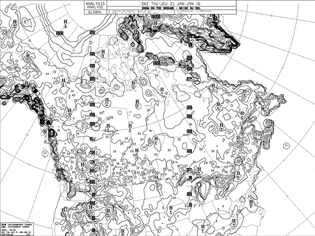 Mostly light and sporadic snow totals have been noted during the winter thus far and this can be illustrated in this snow depth chart. Snow depths are mostly in the 10-to-30-centimeter category across the Prairies with a few western areas less than 10 cm. (Chart courtesy of Environment Canada)
